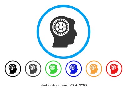 Head Cogwheel vector rounded icon. Image style is a flat gray icon symbol inside a blue circle. Additional color variants are gray, black, blue, green, red, orange.