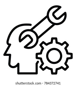 A person’s head with cogwheels and setting sign symbolising thinking
