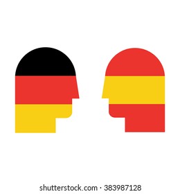 Head in color of German flag and head in color of Spanish flag flat vector icon on white background. Learn German and Spanish language