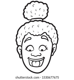 Head of a colored woman with frizzy hair and bun looking down and laughing. avatar, poc, black, happy, comic, face.