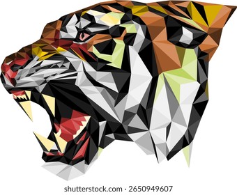 The head of a colorful abstract tiger made of polygons