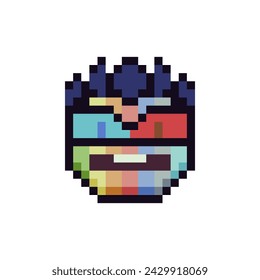 Head in colorful eyeglasses rainbow smile, funny face, pixel art icon, cartoon character, language emotion. Flat style. 8-bit style. Isolated abstract vector illustration.