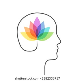 Head and colorful lotus concept. Flower in bloom made of colourful petals as mental well-being, mindfulness, meditation, spiritual awakening, zen state of mind, enlightenment or nirvana concept.