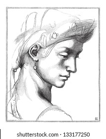 Head Comic by Michaelangelo, at the Uffizi Gallery, in Florence, Italy, vintage engraved illustration. Le Magasin Pittoresque - 1874