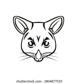 Head of Common Brushtail Possum Trichosurus Vulpecula Semi-Arboreal Marsupial Mascot Black and White 