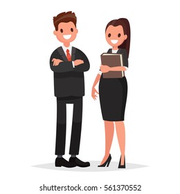 Head of the company, the chief  and  secretary woman. Business couple on a white background. Vector illustration in a flat style