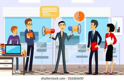Head of the company with employees. Leadership announcement, loudspeaker and announce, speaking message, business manager,  professional people illustration