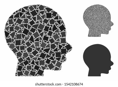 Head composition of raggy pieces in variable sizes and shades, based on head icon. Vector raggy dots are organized into composition. Head icons collage with dotted pattern.