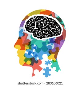 Head with computer brain concept presentation. Vector illustration graphic template. Isolated on white background.