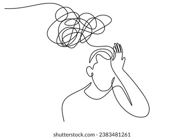 Head with confused think. Continuous one line drawing. People Mental health issue concept