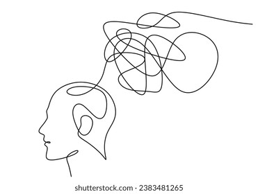 Head with confused think. Continuous one line drawing. Mental health issue concept