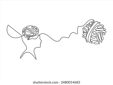 Kopf mit verwirrtem Denken. Durchgehende einzeilige Zeichnung. Menschen Psychische Gesundheit Problemkonzept