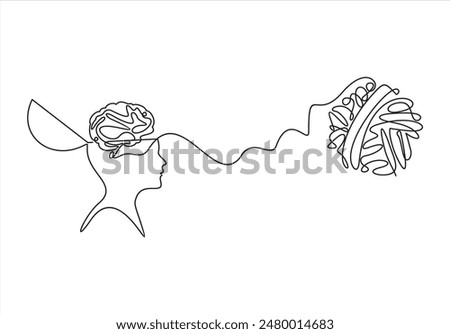 Head with confused think. Continuous one line drawing. People Mental health issue concept