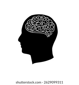 Head with confused think. People Mental health issue concept. Hand drawn brain in head vector Illustration. Sketch Style