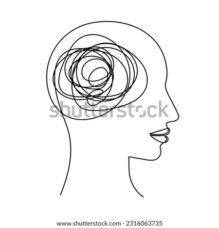 Head with confused thoughts one line art, hand drawn continuous contour. Mental health concept, muddled feelings,worry and anxiety online.Brain therapy.Editable stroke Isolated.Vector illustration