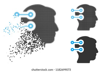 Head connectors icon in fragmented, dotted halftone and whole variants. Particles are grouped into vector dispersed head connectors icon. Disappearing effect involves rectangle particles.