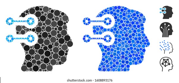 Head connectors mosaic of round dots in various sizes and color tones, based on head connectors icon. Vector dots are combined into blue mosaic. Dotted head connectors icon in usual and blue versions.