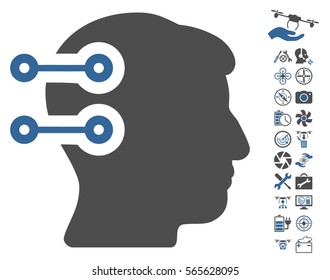 Head Connectors pictograph with bonus flying drone service pictograph collection. Vector illustration style is flat iconic cobalt and gray symbols on white background.