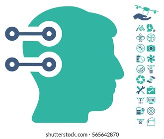 Head Connectors pictograph with bonus quad copter service icon set. Vector illustration style is flat iconic cobalt and cyan symbols on white background.