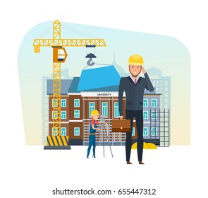 Head of construction company, with briefcase in hand, stands on background of equipment, team of builders, building under construction, and is talking on phone. Vector illustration in cartoon style.