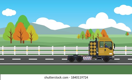 Head of container truck trailer driving on the country road. with landscape meadow and mountain for background.