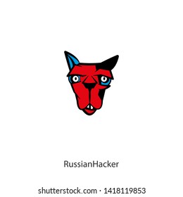 Head of a cool cool cat on a white background. Sticker, pattern, background, wall decoration. Vector. Cartoon character of a pet. Smart friend. Identification. Conceptual. Russian hacker.
