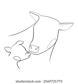Head of a cow and a calf one line drawing on white isolated background