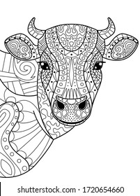 Head cow coloring book for adults vector illustration. Anti-stress coloring for adult. Cow zentangle style. Black and white lines.