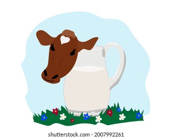 Head of a cow and a glass jug with fresh milk on a green flowered lawn against a blue sky. Flat design for natural, correct, balanced nutrition