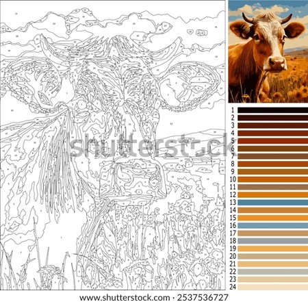 head cow illustration coloring page by number for adult