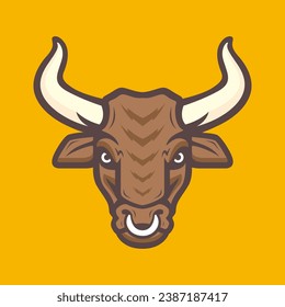 head cow long horn livestock mascot character colorful modern cartoon logo design vector icon illustration