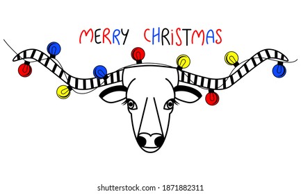 The head of a cow with long horns. Christmas lights on the horns of a bull. Text Merry Christmas. Sacred animal cow, linear drawing. Ox face with garland. Vector illustration. Hand drawn lettering