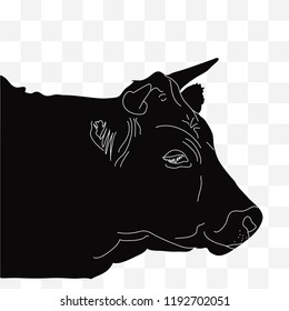 Head of a cow seen from the right in black silhouette with white lines on transparent background. Red, Irish angus.