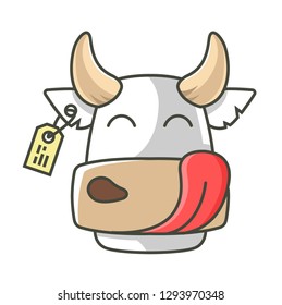 the head of a cow that licks. tag in the ear. character vector illustration.