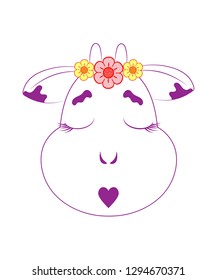 The head of a cow in a wreath. The head of a cow in a floral wreath on a white background. Stroke, spots on ears, eyebrows, eyelashes, eyes and mouth of lilac color. Flowers are pink and orange. 