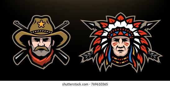 Head of cowboy and Indian on a dark background. Vector illustration.