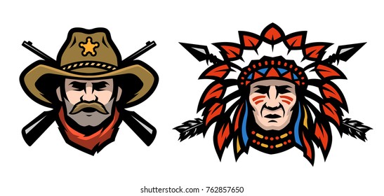 Head of cowboy and Indian Vector illustration.