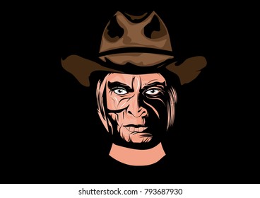 Head of cowboy man in hat, on black backgound, vector illustration