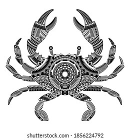 Head of a crab tattoo ornamented with Maori style elements. vector illustration.