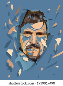 The head of a crazy man with a beard, mustache peeking out of a torn hole in blue paper is shattered into small pieces.The concept of insanity,schizophrenia,personality destruction.Vector illustration