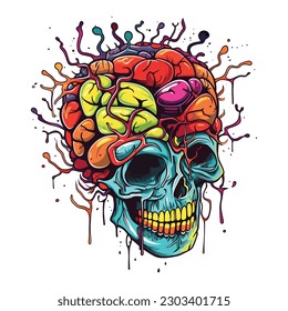 The head of a crazy zombie spewing brains from the skull. Head of Retro Vintage Alien Attack With Big Brain Vector Illustration