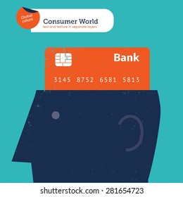 Head with credit card brain. Vector illustration Eps10 file. Global colors. Text and Texture in separate layers.