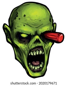 the head of a creepy green zombie dead man with a screwdriver in his eye vector illustration