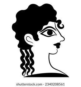 Head of Cretan Minoan girl. Female portrait in profile. Pretty woman or goddess. La Parisienne fresco from Knossos. Black and white silhouette.