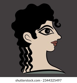 Head of a Cretan Minoan girl. Female portrait in profile. Pretty woman or goddess. La Parisienne fresco from Knossos. On dark background.