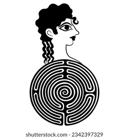 Head of Cretan Minoan girl from Knossos on a round spiral maze or labyrinth symbol. Ariadne. Woman as enigma. Creative mythological concept. Black and white silhouette.