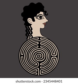 Head of Cretan Minoan girl from Knossos on a round spiral maze or labyrinth symbol. Ariadne. Woman as enigma. Creative mythological concept. On dark background.