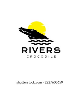 head crocodile river with sunset modern logo design 