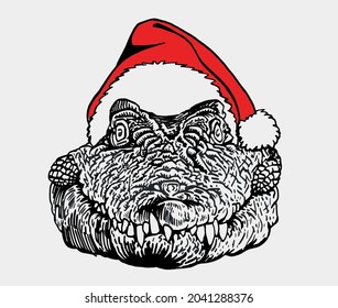 Head of crocodile in Santa Claus hat isolated on white, new year illustration