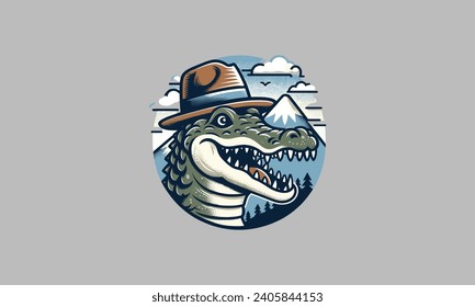 head crocodile wearing hat on mountain vector mascot design